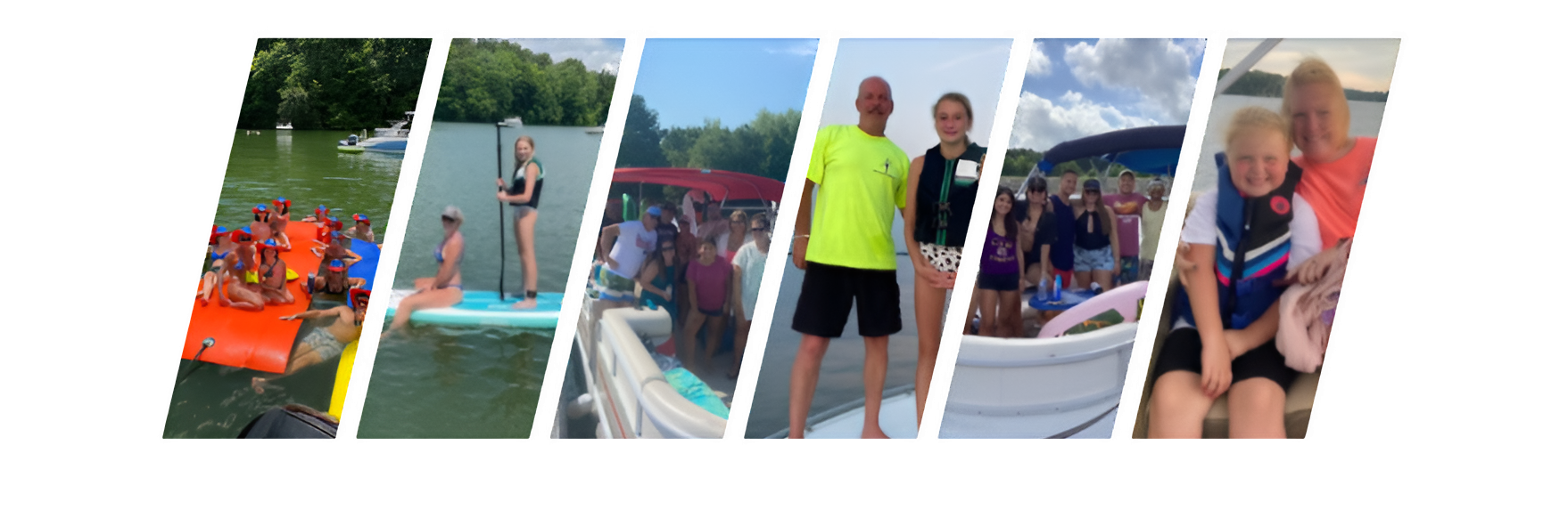 Collage of people on boats and paddleboards enjoying a sunny day on a lake.