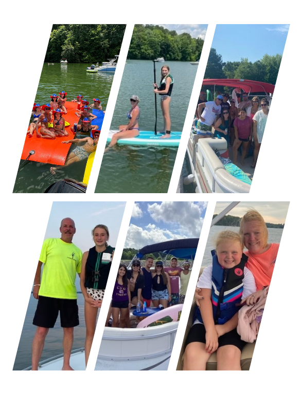 Collage of people enjoying lake activities, including paddleboarding and posing on boats.